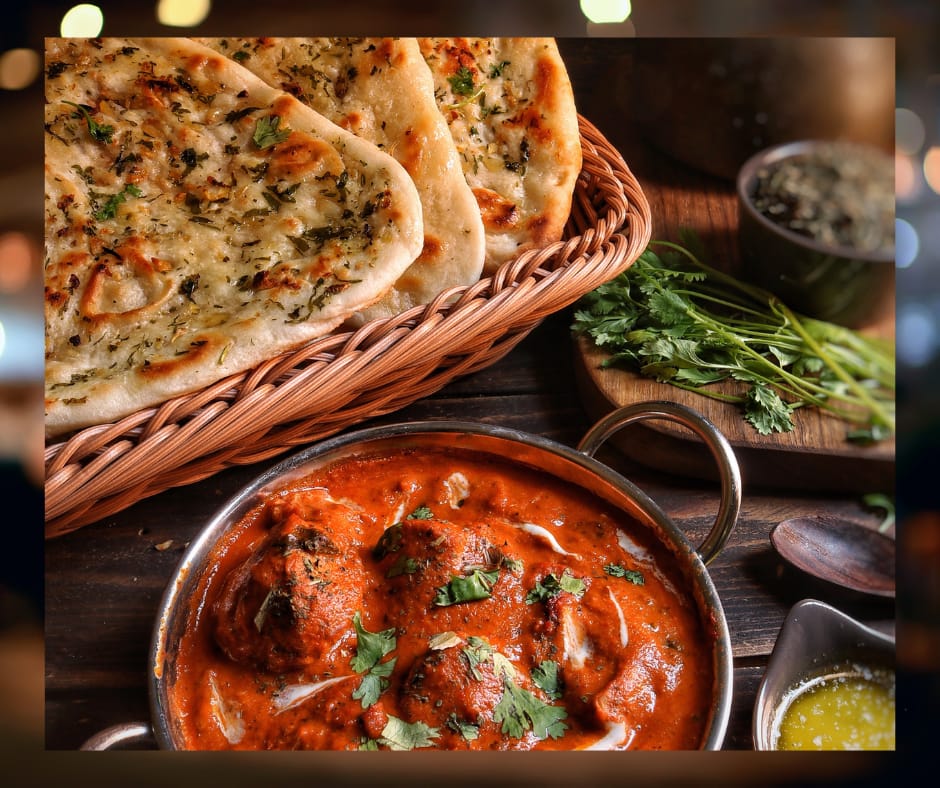 Delicious Indian curry with naan bread